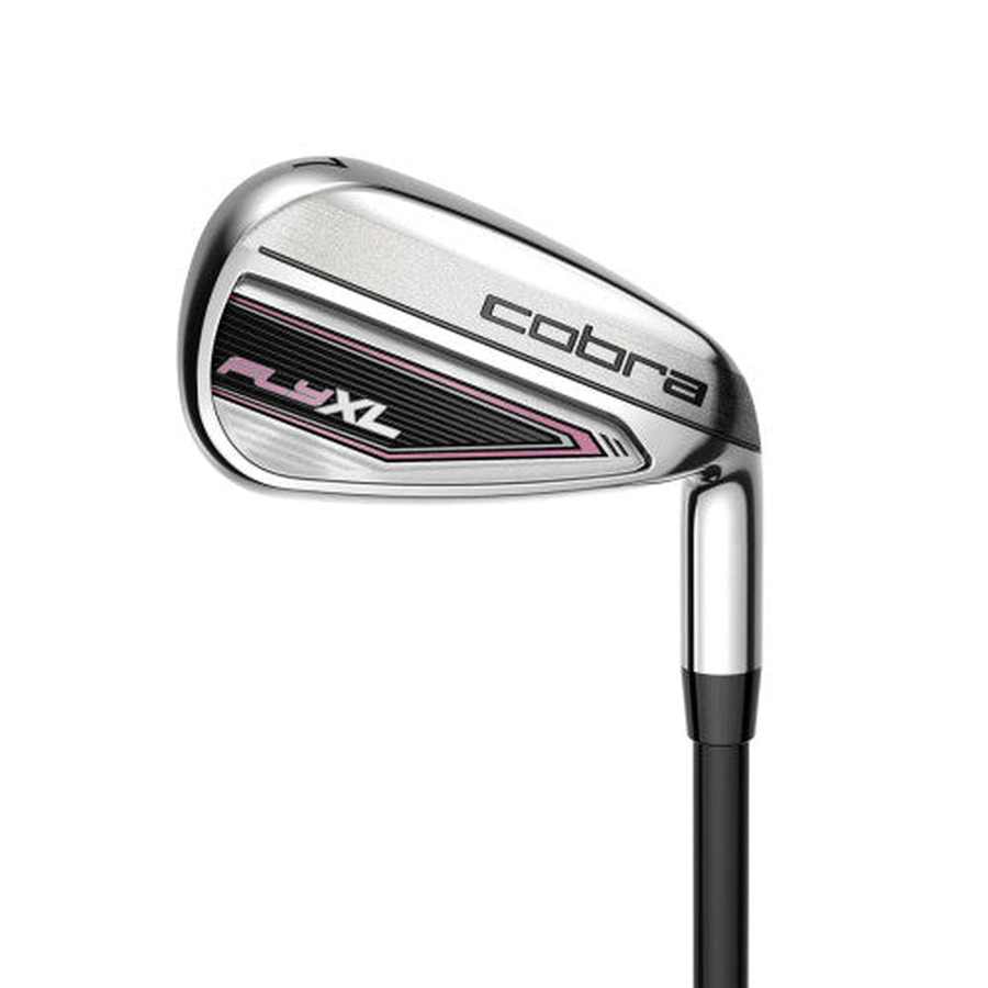 A close-up of a Cobra Ladies Fly-XL 2 Complete Golf Set iron club head with a silver finish, black and pink accents, and Fly XL and cobra text. The lightweight, forgiving club has a black shaft and is part of a complete womens set.