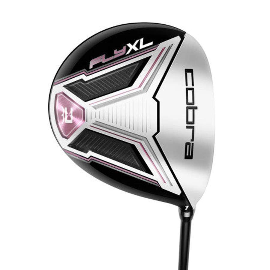 A close-up of a Cobra Ladies Fly-XL 2 Complete Golf Set driver head, showcasing its black, white, and silver design with pink accents—part of a lightweight, forgiving golf club set for women.