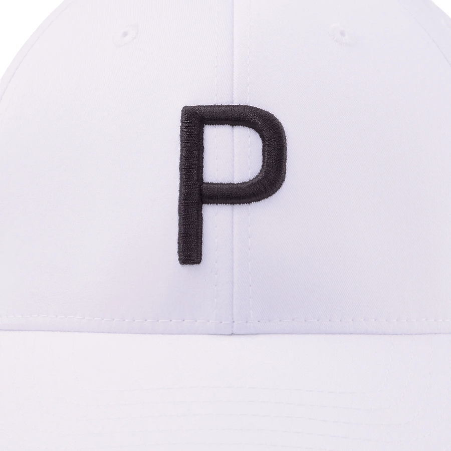 The Puma Structured P Cap is a white cap with a large black embroidered P on the front. It features a form-fitting design and an adjustable, one-size-fits-all fit for versatile comfort.