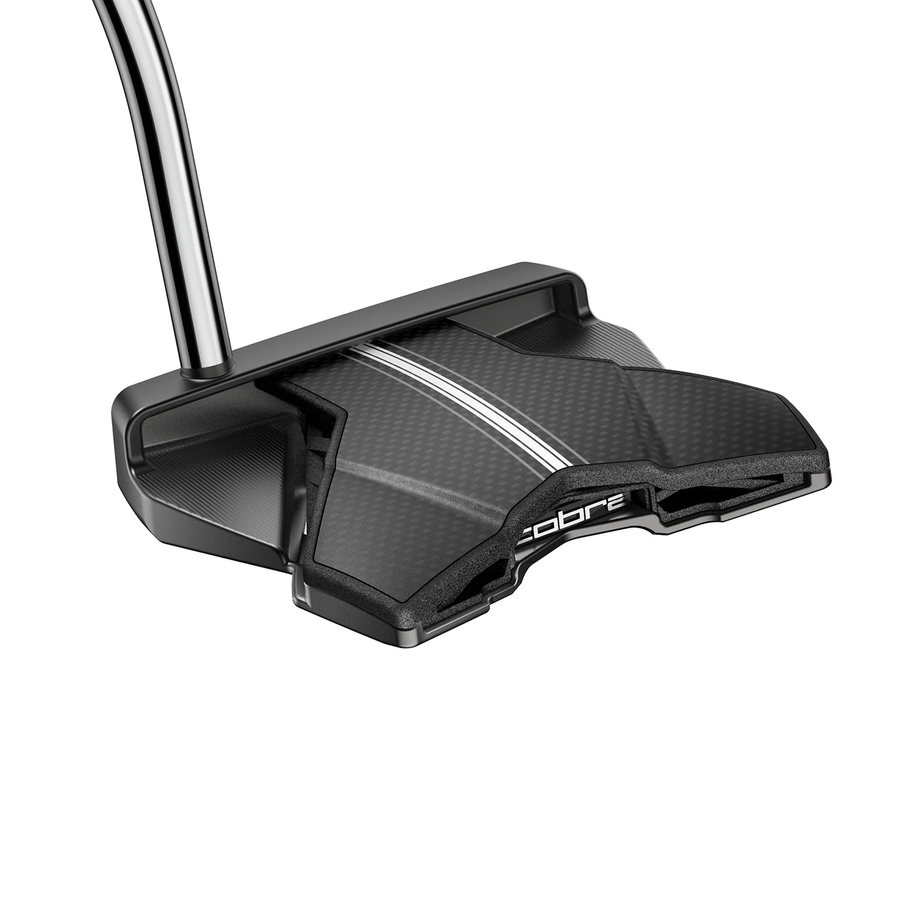 A close-up of the Cobra 3D Printed Agera Counter Balanced Putter, showcasing its black mallet-style head, silver alignment lines, metallic shaft, and advanced Descending Loft Technology.