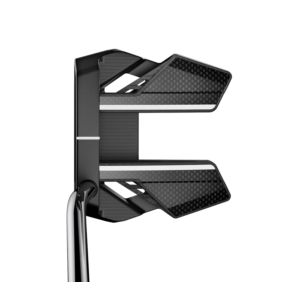 A black Cobra 3DP Supernova Counterbalance Putter showcases a futuristic geometric design with carbon fiber accents, a metallic shaft, and a Counterbalance Grip, all seen from above against a white background.