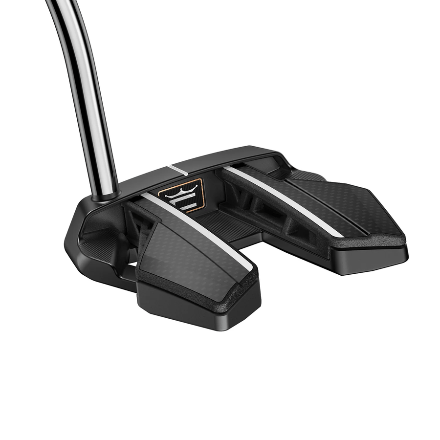 A close-up of the Cobra 3DP Supernova Counterbalance Putter, showcasing its modern black look, metallic shaft, sleek angular design, counterbalance grip, and finely textured surface details.