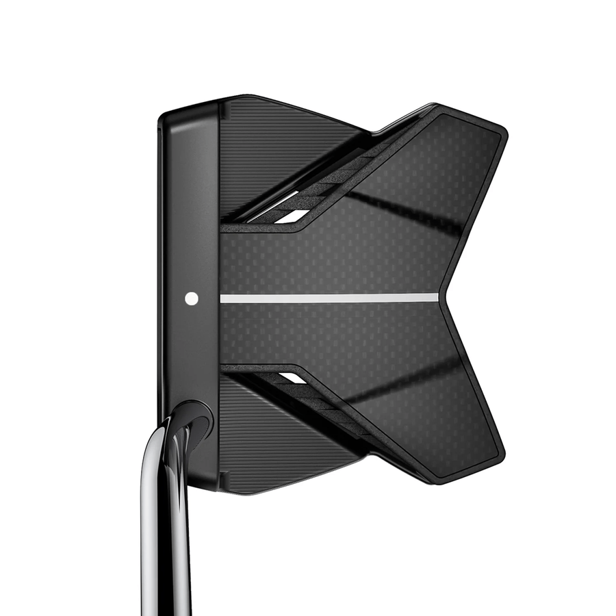 The Cobra 3DP Agera RS Counterbalance Putter is shown on a white background, featuring a black, high-tech 3D printed design with a wide angular head, white alignment line, and metallic shaft angled from the left.