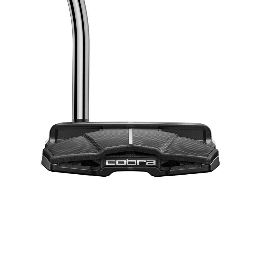 A close-up of the Cobra 3DP Agera RS Counterbalance Putter showcases its black textured surface, white alignment line, Cobra logo on the back, and advanced Descending Loft Face Technology.