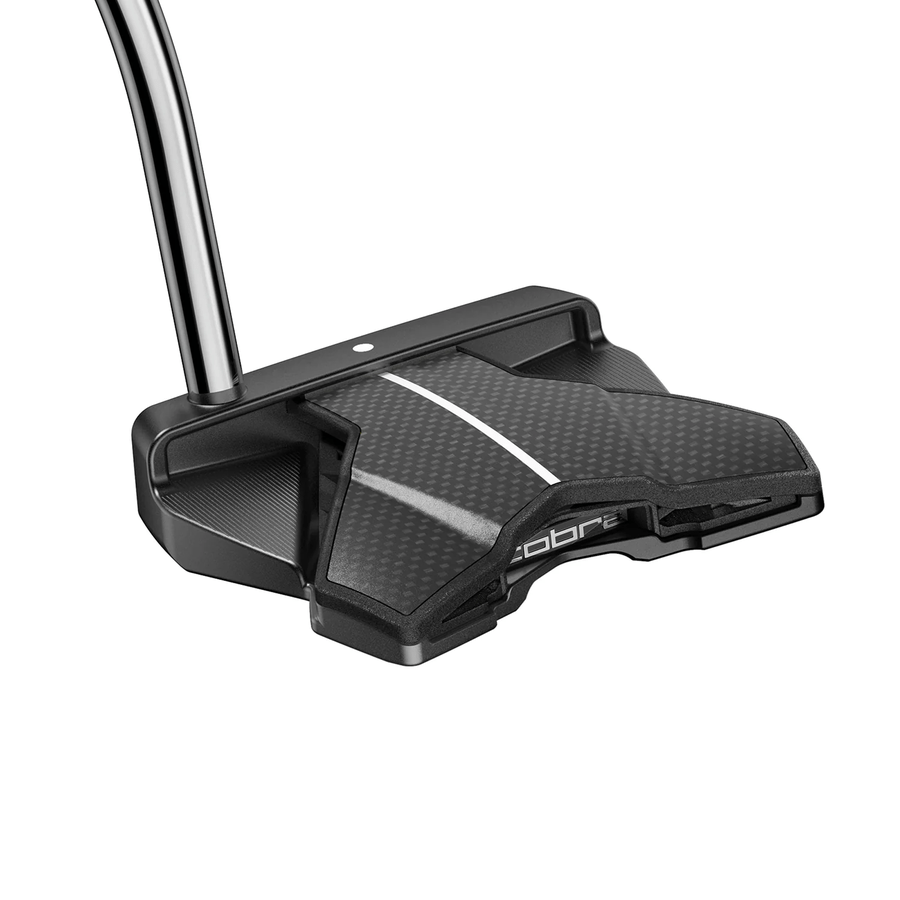 A close-up of a Cobra 3DP Agera RS Counterbalance Putter head showcases its textured black surface, white alignment line, and chrome shaft—highlighting advanced Descending Loft Face Technology for precise putting.