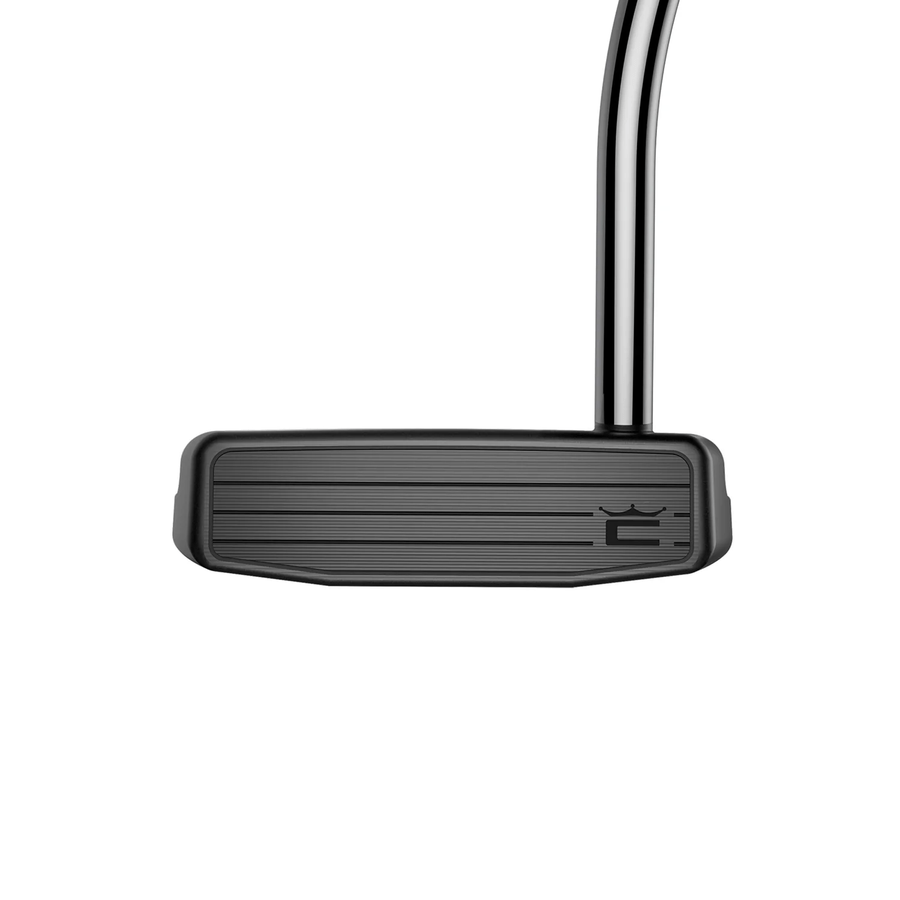 A close-up of the Cobra 3DP Agera RS Counterbalance Putter head in black, featuring horizontal grooves and attached to a shiny metal shaft, set against a white background.