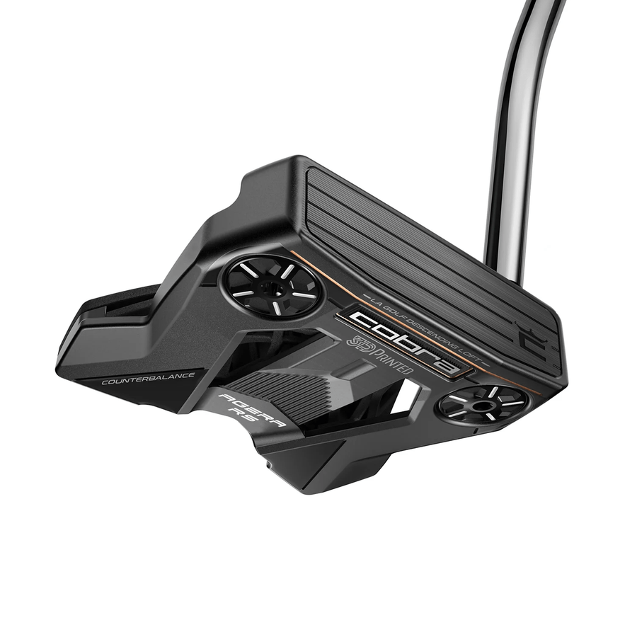A close-up of the Cobra 3DP Agera RS Counterbalance Putter, showcasing silver accents, textured Descending Loft Face Technology, visible branding, a modern angular design, and two adjustable weights.