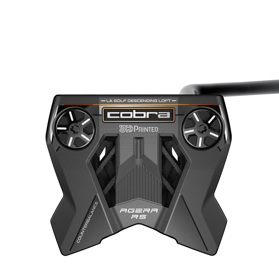 The Cobra 3DP Agera RS Counterbalance Putter features a modern black design with geometric shapes, visible top branding, and Descending Loft Face Technology for enhanced performance.