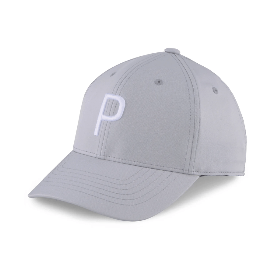 The Puma Structured P Cap is a light gray, one-size-fits-all hat with a curved brim, white embroidered P on the front, ventilation eyelets, visible stitching, and a comfortable form-fitting design.