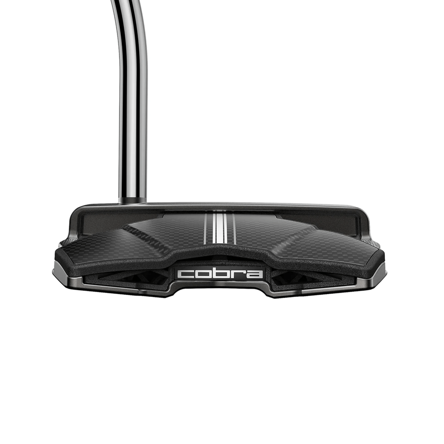 A close-up of the Cobra 3D Printed Agera Counter Balanced Putter, showcasing its sleek black design, white alignment line on top, innovative 3D printed elements, and the Cobra logo displayed prominently on the front.