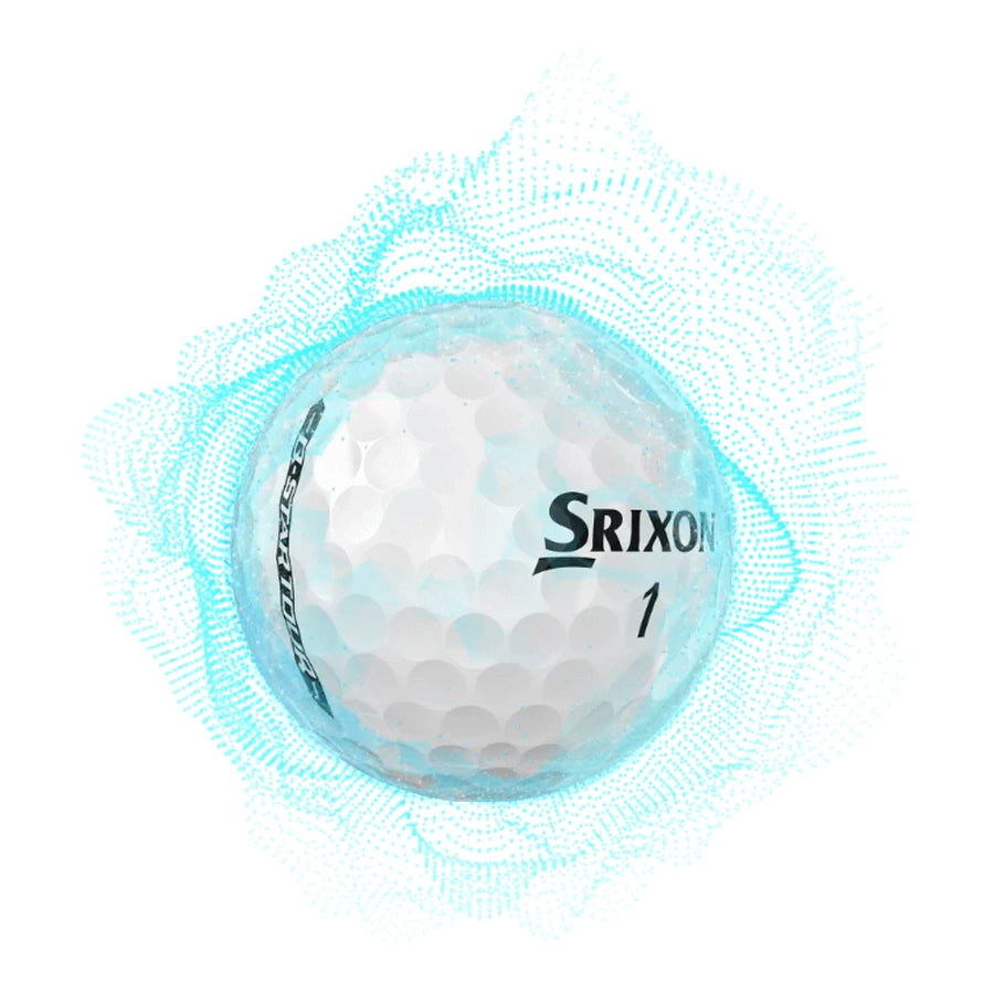 A white Srixon Q-Star UltiSpeed 2025 Golf Ball with the number 1, set against a digital blue dotted circle—showcasing its advanced Speed Dimple pattern for improved performance.