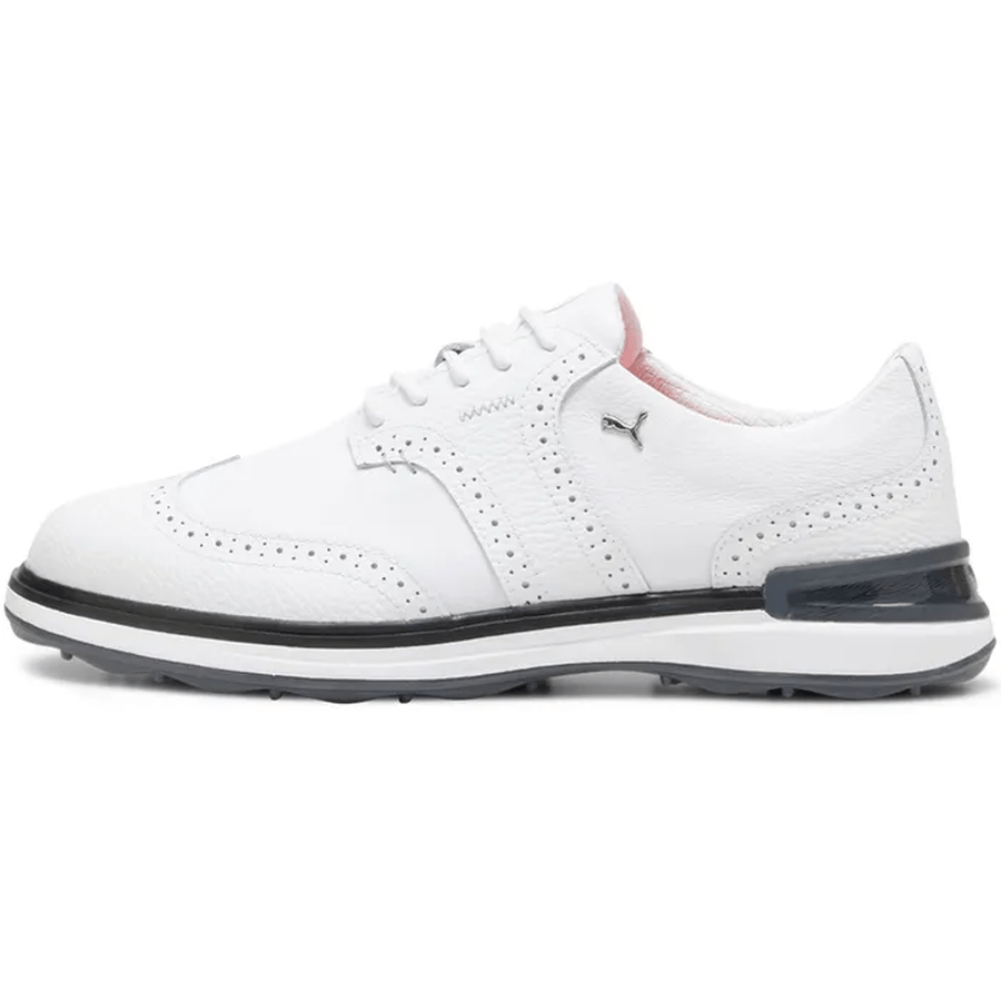The PUMA Avant Wingtip Golf Shoes - White feature a low-profile, sporty design with a black sole, lace-up front, subtle perforations, small side Puma logo, and radial traction technology inspired by the PUMA Golf AVANT spikeless golf shoe.