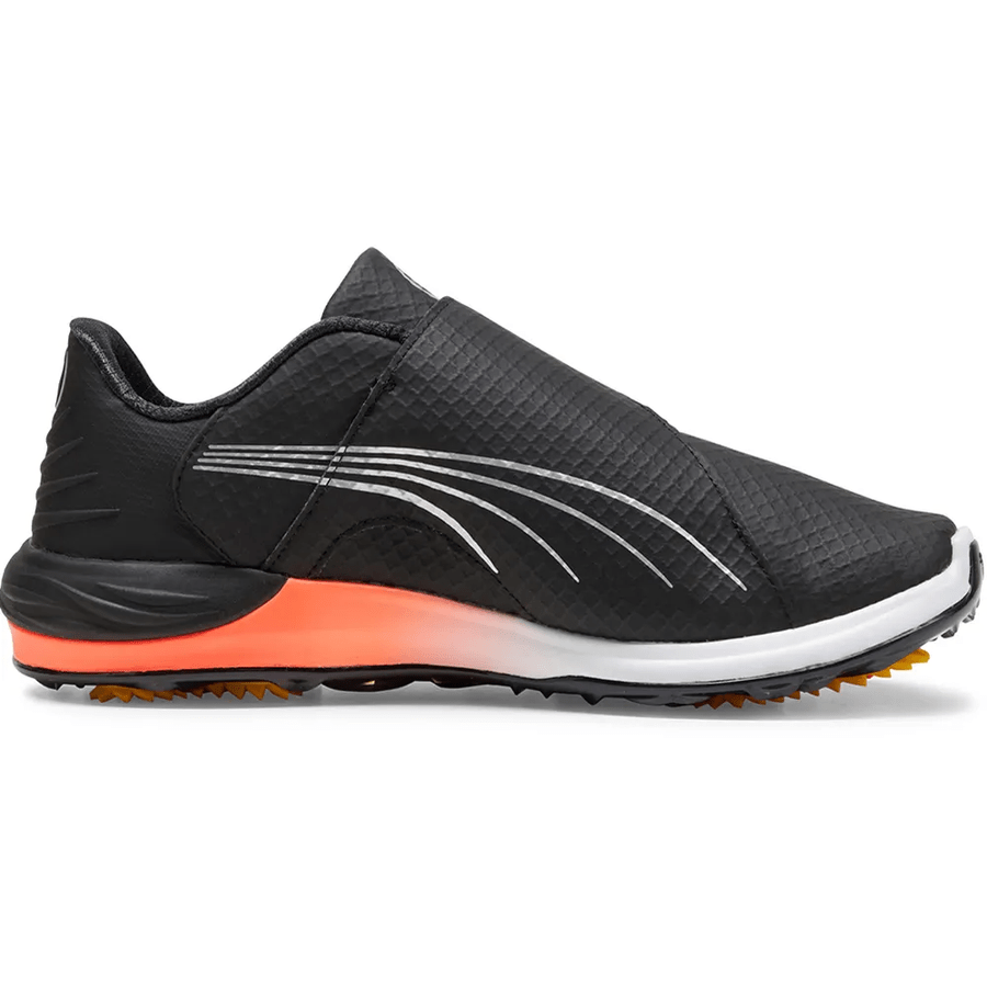 The PUMA Phantomcat Nitro Disc Golf Shoes - Black feature NITRO foam technology, a textured upper, white curved side lines, white midsole, orange heel accent, and a yellow outsole inspired by the original golf shoe design.