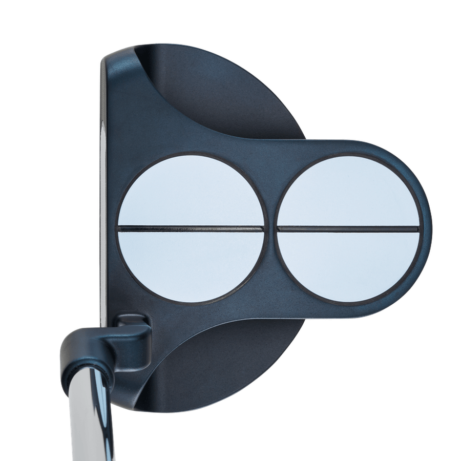 A top view of the Odyssey Ai-ONE 2-Ball CH Putter shows its black body, two white alignment circles, and an Ai-ONE Insert Technology head to aid with putt alignment.