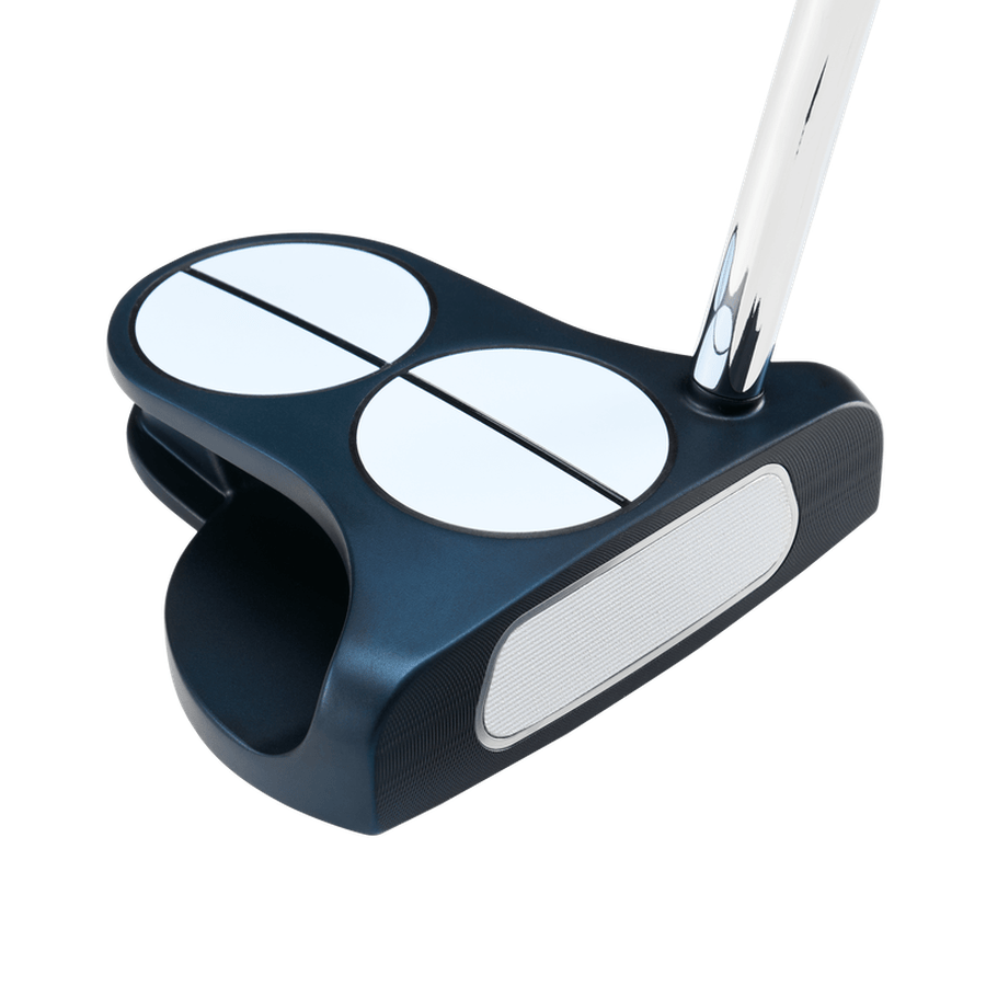 The Odyssey Ai-ONE 2-Ball DB Putter features a black and white design, double ball alignment aids, reflective steel shaft, and advanced Ai-ONE Insert Technology.