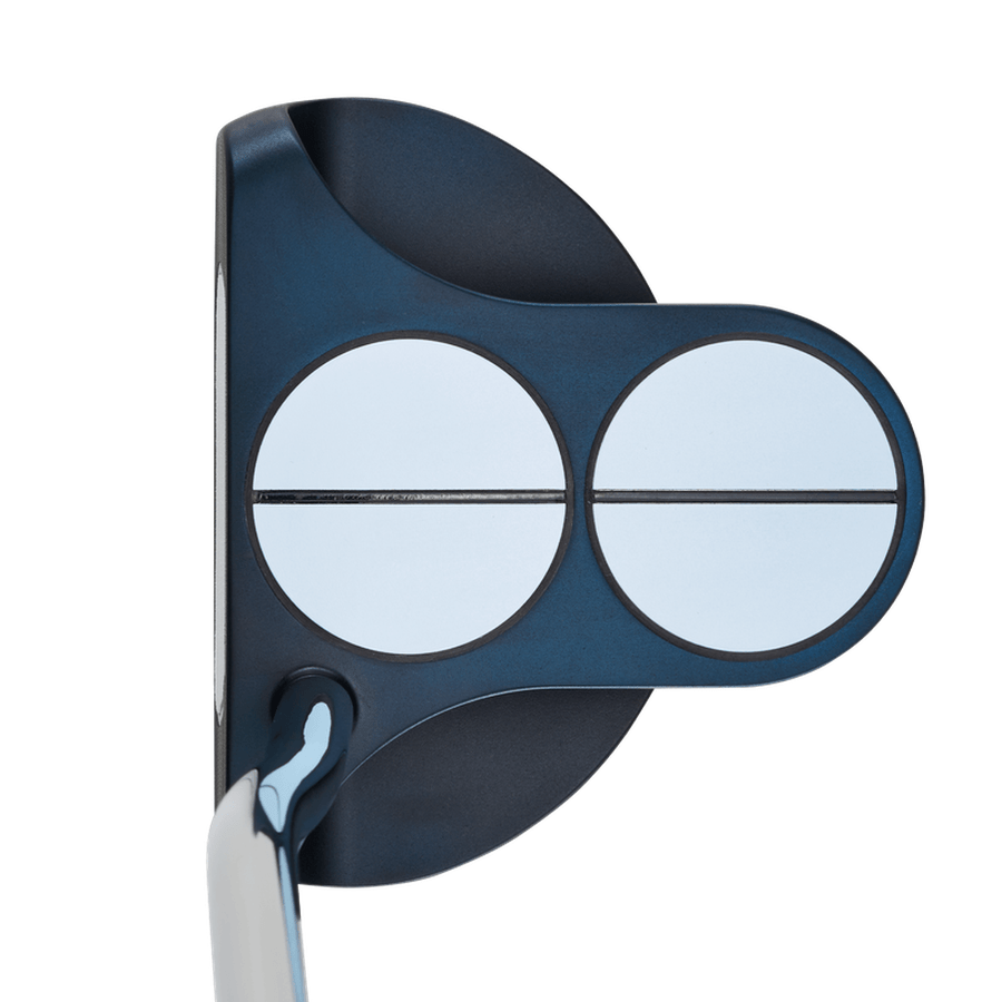A close-up, top-down view of the Odyssey Ai-ONE 2-Ball DB Putter with a sleek black and silver finish, showcasing two white 2-Ball alignment circles on its club head.
