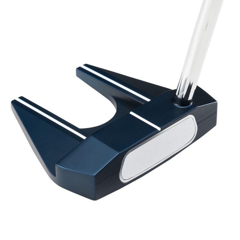 A close-up of the Odyssey Ai-ONE Cruiser Big 7 DB Putter, showcasing its navy blue and silver wide mallet head, white alignment line, metallic shaft, and advanced Ai-ONE Insert Technology for enhanced performance.