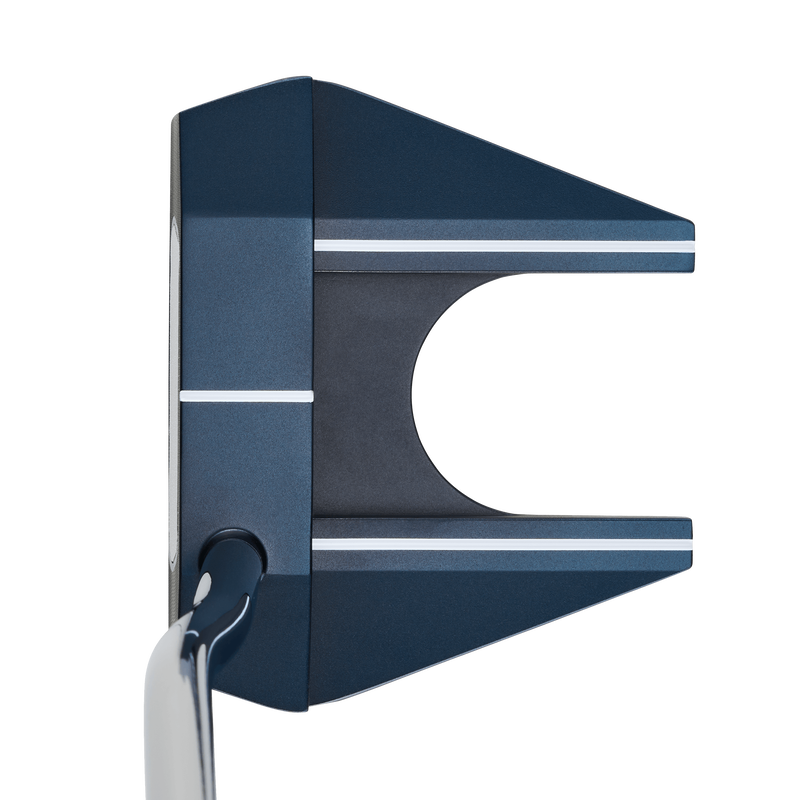 Top view of an Odyssey Ai-ONE Cruiser Big 7 DB Putter, showing a blue and black U-shaped head, white alignment lines, Ai-ONE Insert Technology, and a metallic shaft attached on the left.