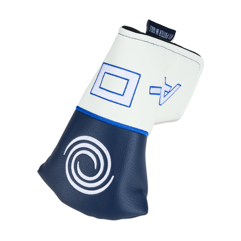 A navy blue and white headcover with a spiral logo and geometric designs, designed for the Odyssey Ai-ONE Double Wide Cruiser Putter—ideal for users with an Ai-ONE Cruiser Putter or Stroke Lab Shaft.