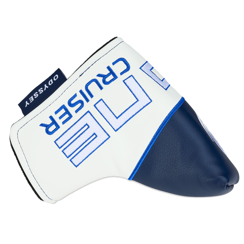 A white and navy blue headcover with CRUISER and ODYSSEY printed in blue and navy lettering. Designed for the Odyssey Ai-ONE Double Wide Cruiser Putter, it offers a sporty, modern look to match advanced Ai-ONE Insert Technology.