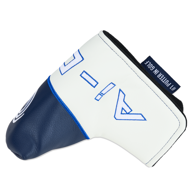 A white and navy blue headcover with blue accents and stylized lettering, plus a #1 PUTTER IN GOLF tab, designed for the Odyssey Ai-ONE Double Wide Cruiser Putter.