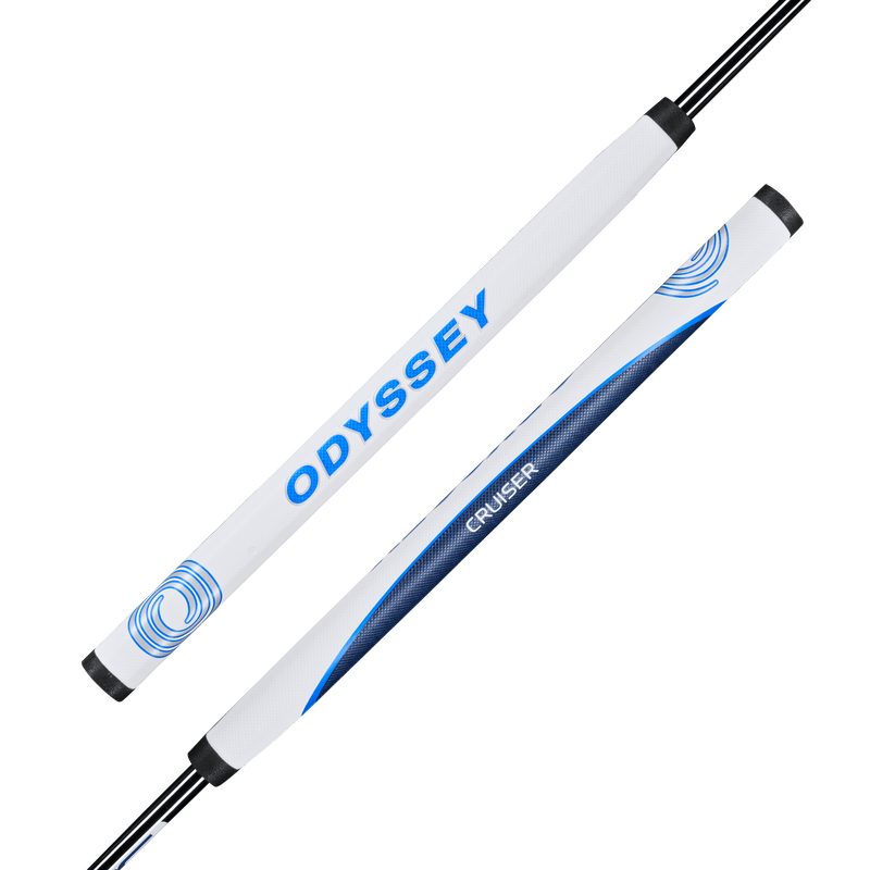 Two views of a white and blue Odyssey putter grip, featuring Odyssey and Cruiser with blue swirls—designed to pair perfectly with your Odyssey Ai-ONE Double Wide Cruiser Putter.