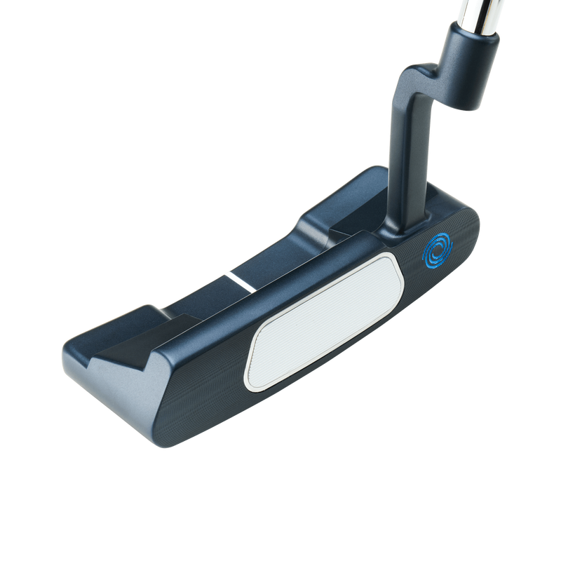 A close-up of the Odyssey Ai-ONE Double Wide Cruiser Putter features a black head, white Ai-ONE Insert Technology face, blue circular logo, and silver Stroke Lab Shaft set against a white background.