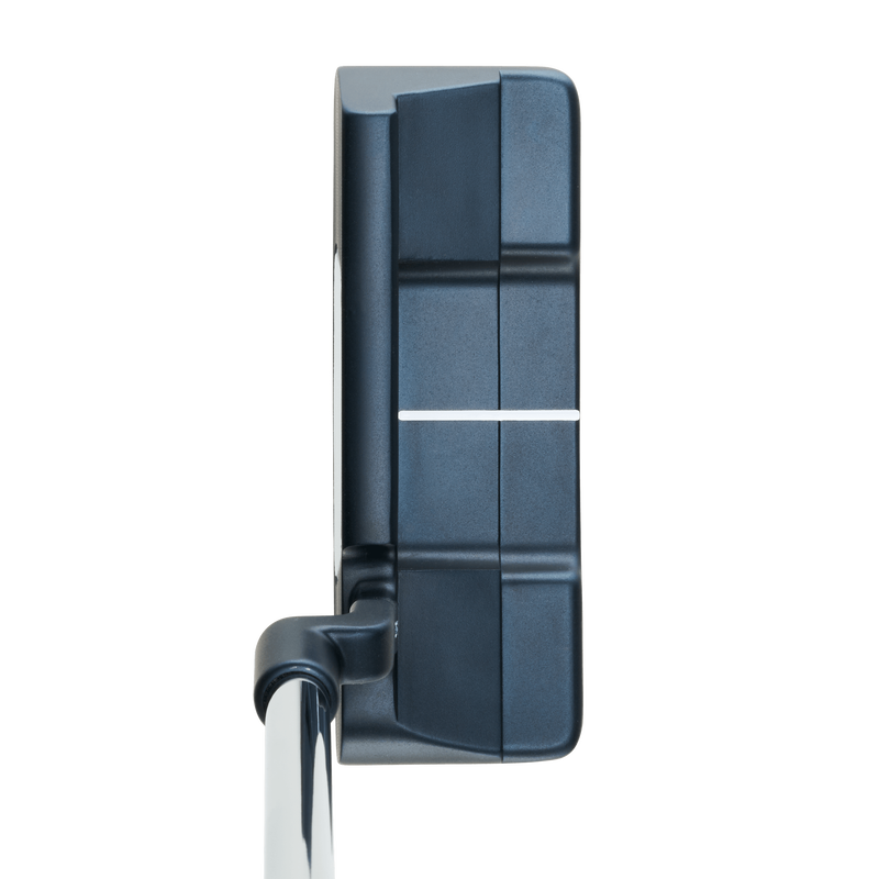 A top-down view of the Odyssey Ai-ONE Double Wide Cruiser Putter in black with a center white alignment line, connected to a chrome Stroke Lab Shaft.