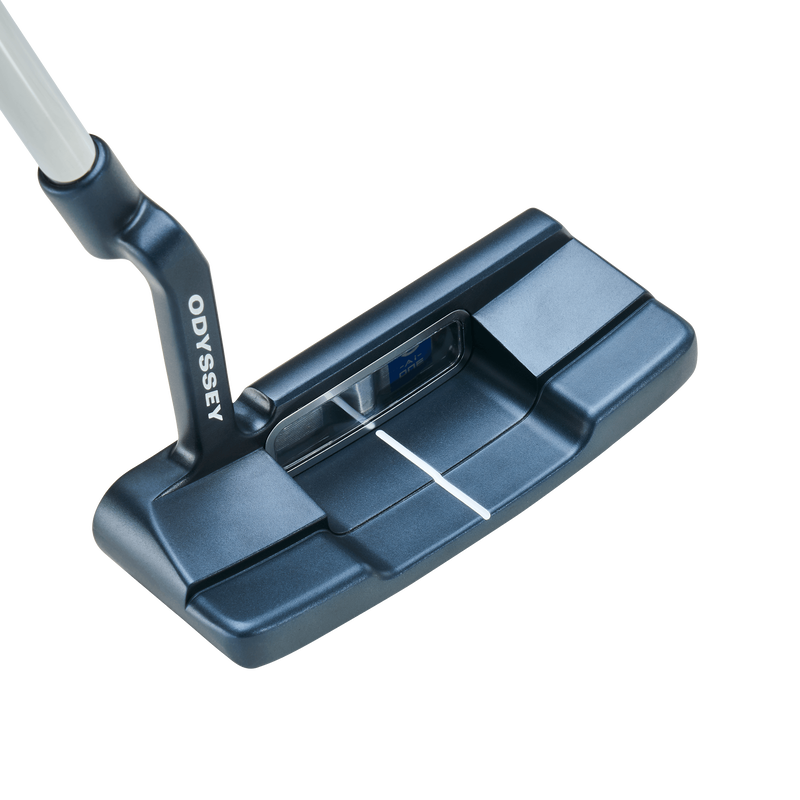 A close-up of the black Odyssey Ai-ONE Double Wide Cruiser Putter shows the face, top with a white alignment line, part of the silver Stroke Lab Shaft, and highlights advanced Ai-ONE Insert Technology.