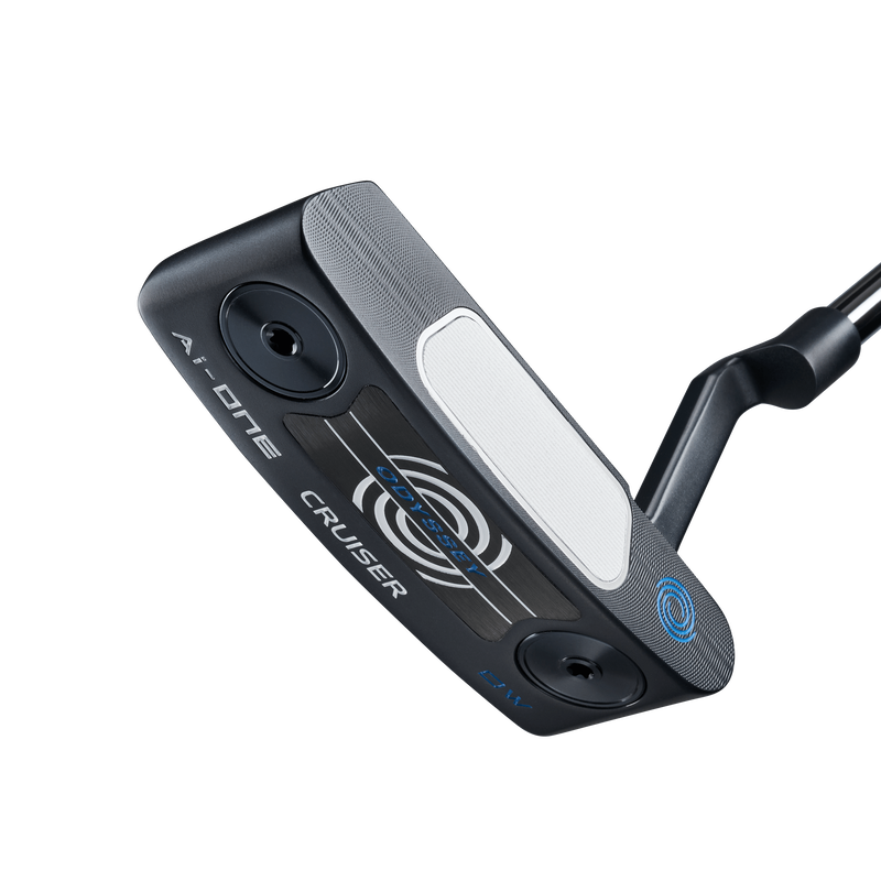 A close-up of a black and silver Odyssey Ai-ONE Double Wide Cruiser Putter head with blue and white accents, featuring the AI-ONE CRUISER label, a circular face logo, and advanced Ai-ONE Insert Technology for better performance.