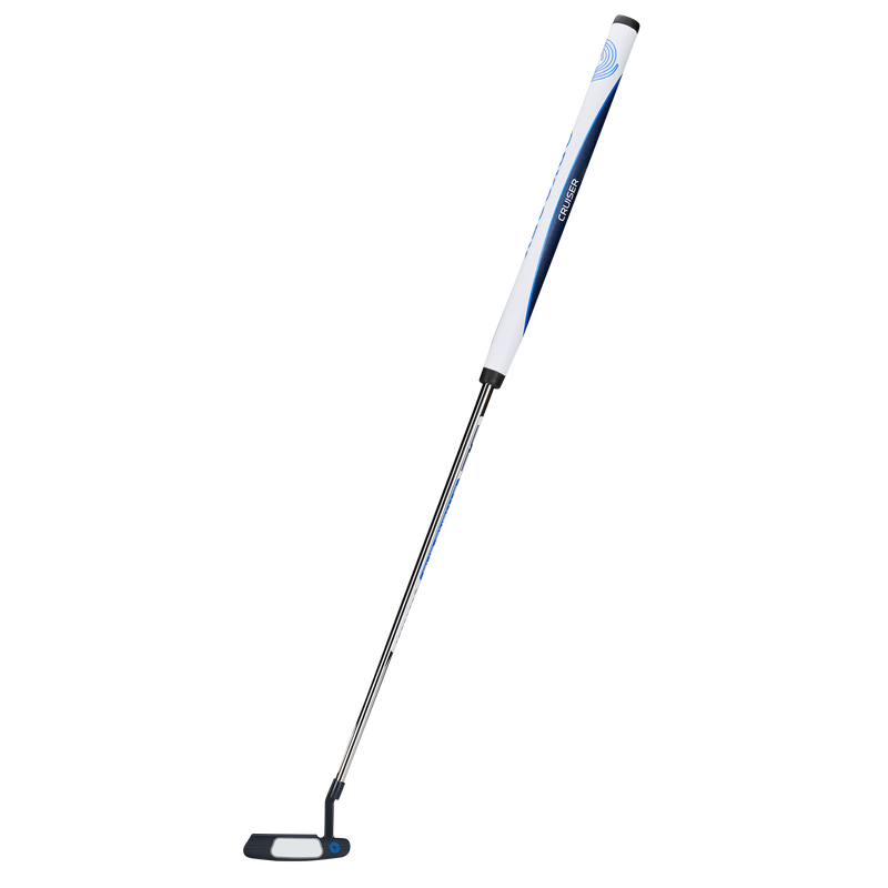 The Odyssey Ai-ONE Double Wide Cruiser Putter, featuring a black head, Stroke Lab Shaft, long metallic shaft, and a white-blue grip, stands upright against a white background.