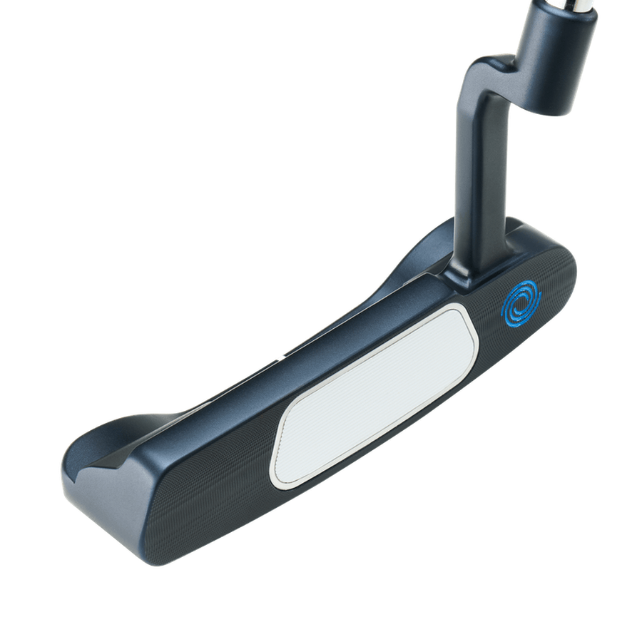 A close-up of an Odyssey Ai-ONE #1 Putter with a black finish, white Ai-ONE Insert face, and a blue circular logo near the heel, photographed against a white background.