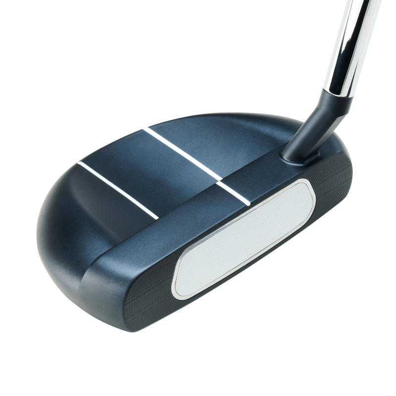 A close-up of the Odyssey Ai-ONE Rossie S Putter shows its black head, white alignment lines on top, and an attached SL 90 Stroke Lab Shaft at an angle.