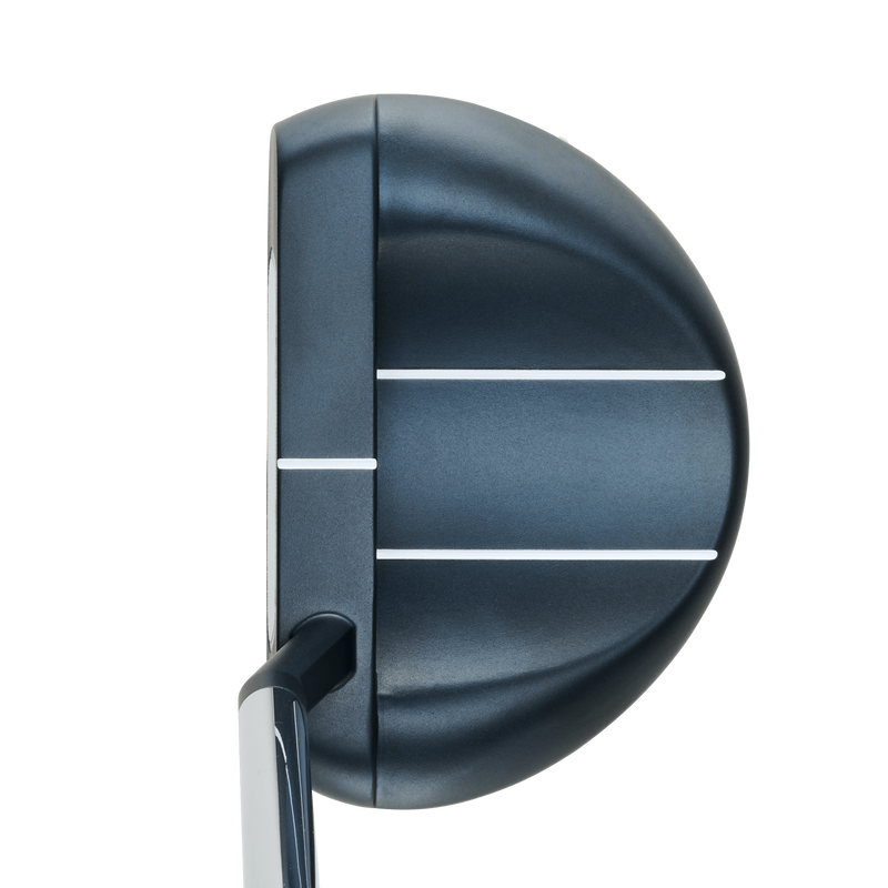 Top view of the modern black Odyssey Ai-ONE Rossie S Putter featuring two white alignment lines, a metallic SL 90 Stroke Lab Shaft attached to the left, and an Ai-ONE Insert. Transparent background.