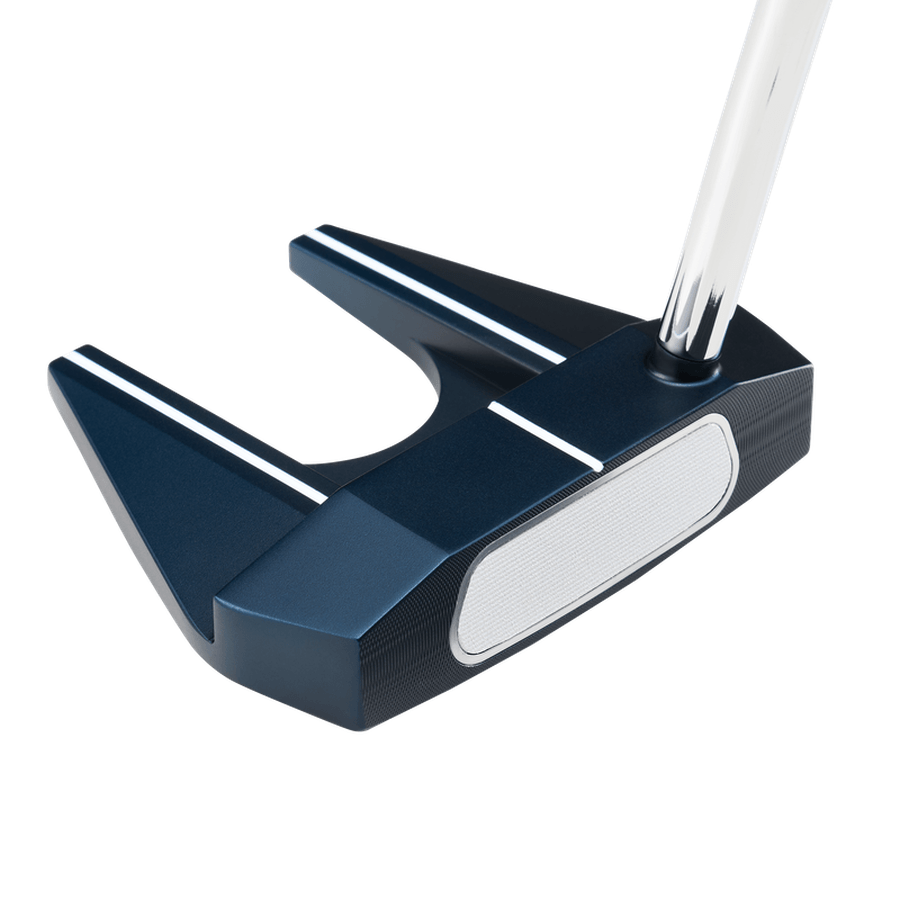 A close-up of the Odyssey Ai-ONE Seven DB Putter in blue, featuring white alignment lines, a silver SL 90 Stroke Lab Shaft, Ai-ONE Insert Technology on the clubface, and a modern angular design for standout appeal.