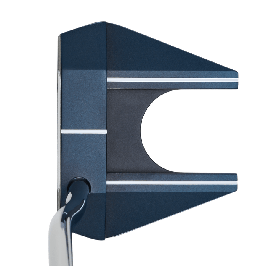 A top-down view of the modern blue Odyssey Ai-ONE Seven DB Putter, a mallet-style head with two white alignment lines, a curved open center, and advanced Ai-ONE Insert Technology for superior feel and performance.