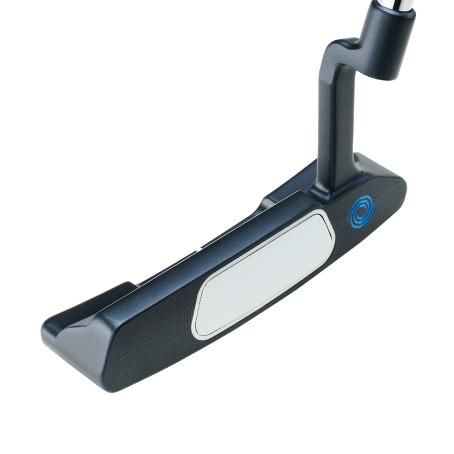 A close-up of the Odyssey Ai-ONE #2 Putter showcases its metallic finish, white Ai-ONE Insert Technology face, and a blue circular logo near the heel.