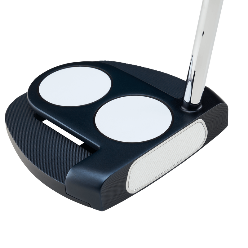 A close-up of the Odyssey Ai-ONE Cruiser 2-Ball Jailbird DB Putter, featuring advanced putter technology, a black and white design with two large white circles on top, and a chrome shaft attached at an angle.