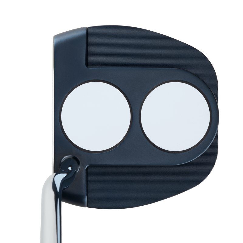 Top view of the Odyssey Ai-ONE Cruiser 2-Ball Jailbird DB Putter, featuring advanced technology—a dark head with two large white alignment circles and a sleek silver shaft.