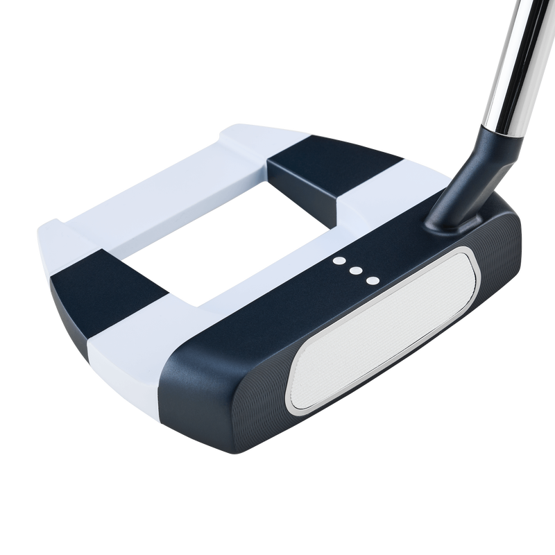 The Odyssey Ai-ONE Jailbird Mini S Putter features a modern black and white design, Versa alignment with three white dots on top, a large rectangular center cutout, and an angled Stroke Lab Shaft.