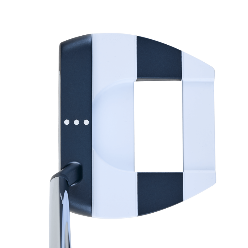 A top-down view of the Odyssey Ai-ONE Jailbird Mini S Putter featuring a black and white color pattern, Versa alignment, and three white alignment dots near the top of the clubhead.