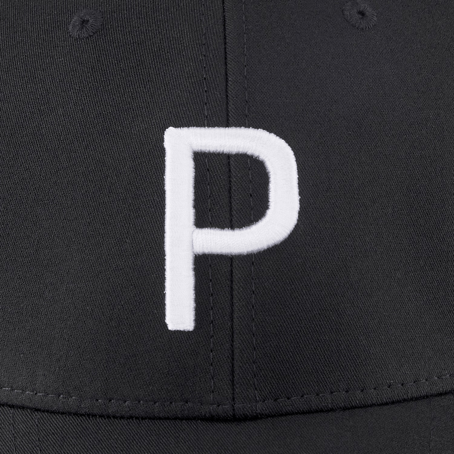 A close-up of the Puma Structured P Cap, a black cap with a large white embroidered P on the front, showcasing its form-fitting style.