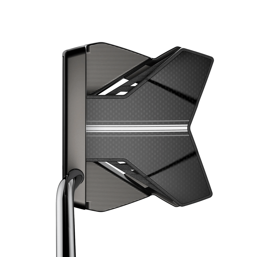The Cobra 3D Printed Agera Counter Balanced Putter features a black, futuristic design with angular, wing-like extensions and white alignment lines on top, displayed against a white background.