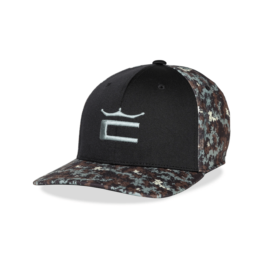 The Cobra Camo Crown C Snapback Cap features a black front, light blue embroidered logo, digi-camo brown/gray/black brim and sides, plus a Flexfit 110 Sweatband for all-day comfort.