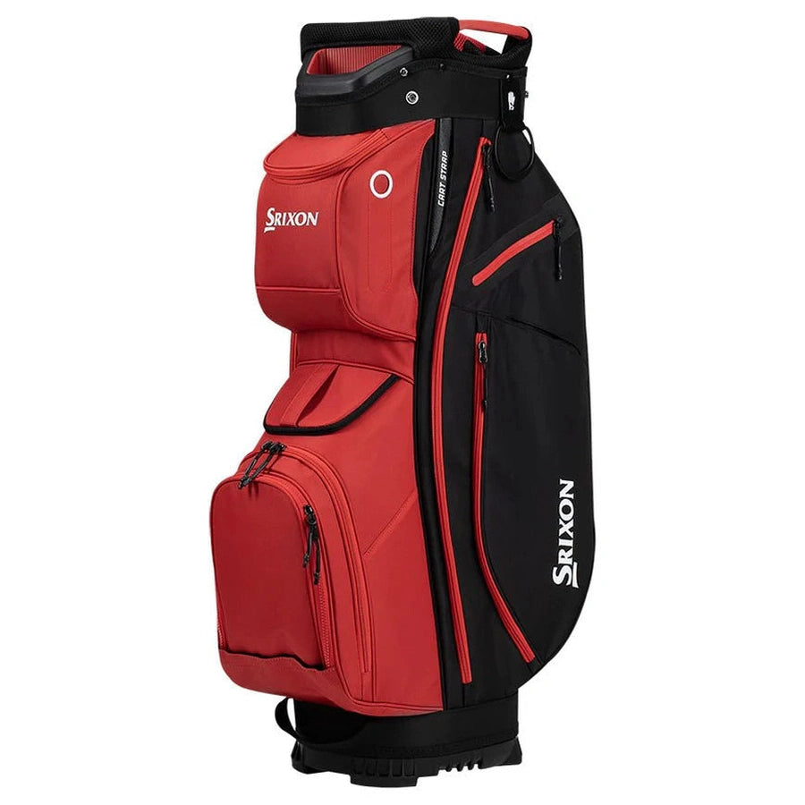 The Srixon 2025 Premium Cart Bag features a red and black design, 14-way divider, multiple zippered pockets, sturdy handle, detachable ball pocket panel, and a bold white Srixon logo on the side.