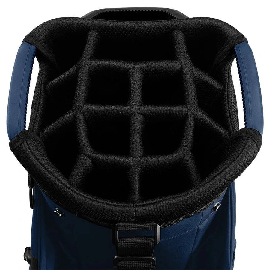 Top view of the Srixon 2025 Premium Cart Bag’s 14-way divider system with multiple padded compartments to organize and protect clubs. This mainly dark bag features blue side accents and a removable ball pocket panel for convenience.