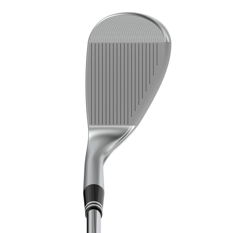 A close-up of the Cleveland CBX4 ZipCore Tour Satin Wedge with Steel Shaft highlights its grooved UltiZip face, and showcases the smooth, metallic finish of the clubhead and hosel.