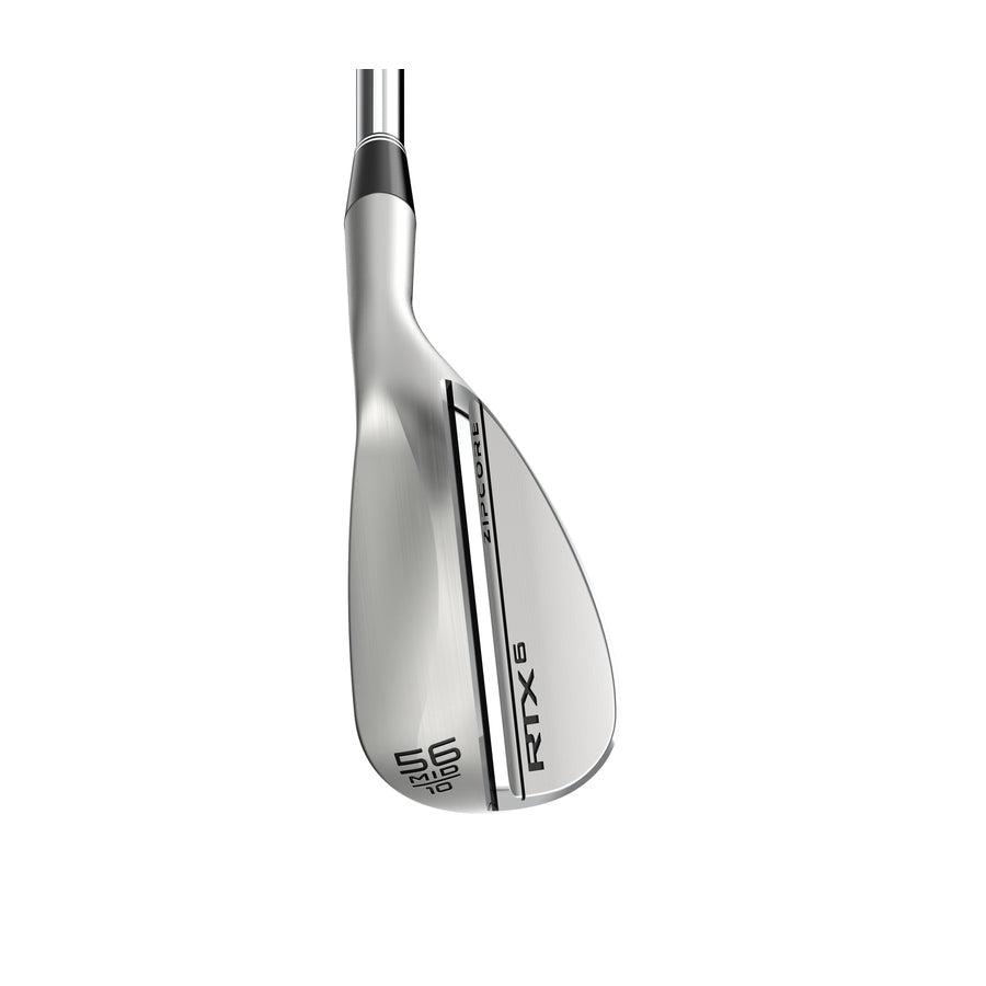 A close-up of a Cleveland Golf RTX 6 Zipcore Wedge displays the silver clubface, 56-degree loft, RTX 6 branding, and detailed UltiZip grooves.