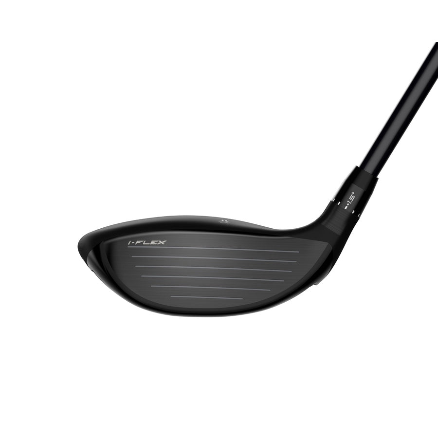 A close-up of the Srixon ZXi Fairway Wood club head with silver grooves and I-FLEX text, featuring Rebound Frame technology for increased ball speed, attached to a black shaft, displayed against a white background.