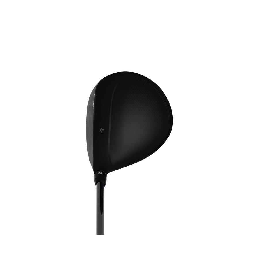A black Srixon ZXi Fairway Wood viewed from above, displaying its rounded head and shaft on a white background, features Rebound Frame technology to boost ball speed.